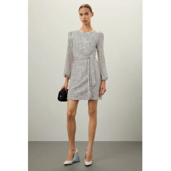 Alexia Admor Val Sequined Shift Dress Silver Mini Long Sleeve Belt Cocktail L - Picture 1 of 8